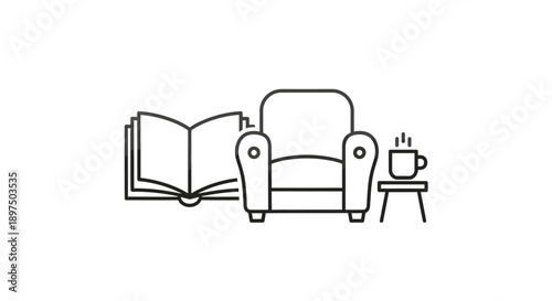 Simple line drawing of a cozy reading nook with armchair and coffee.
