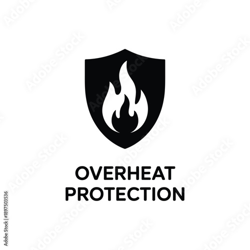 Black shield icon displaying flames with overheat protection text below