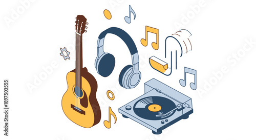 Music Instruments and Accessories with Musical Notes.