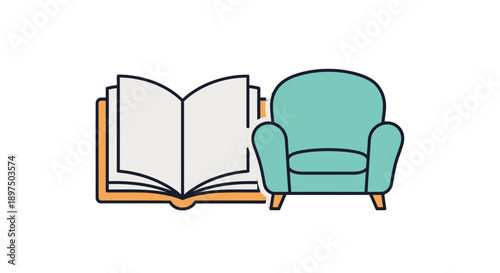 Cozy reading nook with book and armchair illustration.
