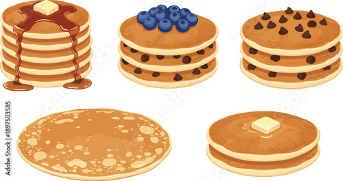 Pancakes Set with Syrup Butter Blueberries and Chocolate Chips Stack Top View Isolated on White Background Vector