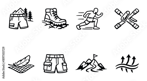 Icons representing outdoor activities and gear for hiking and adventure