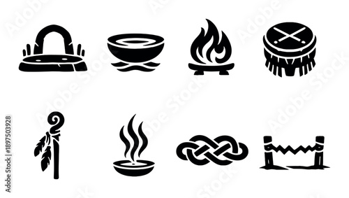 Ancient symbols: fire, bowl, knot, feather, and stone icon silhouettes