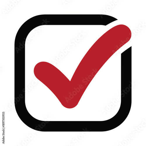 Red checkmark inside a black square with rounded corners indicates approval