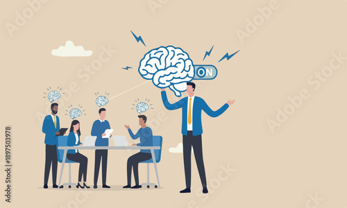 Turn on brain emotional intelligence, mindset, wisdom and knowledge concept, smart businessman genius turn on switch on his own brain