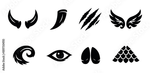 Set of dark fantasy icons: wings, claws, eye, scales, spiral, horns