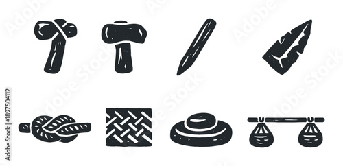 Grayscale icon set featuring hand tools, knot, texture, stone, scales