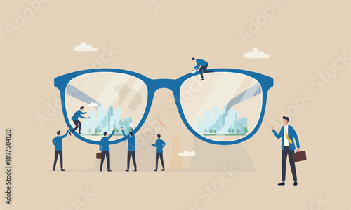 Clear, see in details or clean and clear business outlook concept, miniature worker cleaning huge eyeglass lenses for owner to get clear vision.