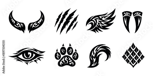 Stylized animal motif symbols featuring claws wings fangs and eyes