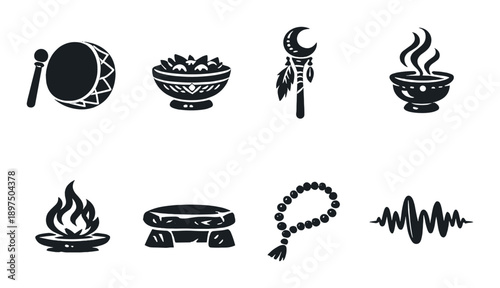 Set of mystical tribal symbols including drum, bowl, feather, incense, fire, bracelet, wave