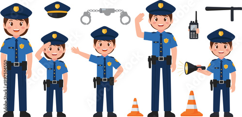 Cute cartoon police officer characters set with law enforcement equipment, handcuffs, radio, flashlight, and traffic cones for kids educational vector illustration