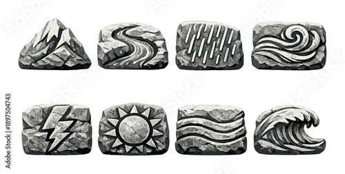 Set of stone carvings depicting weather symbols: mountain, rain, waves, sun, lightning