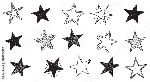 Collection of hand drawn star shapes with various line styles and patterns