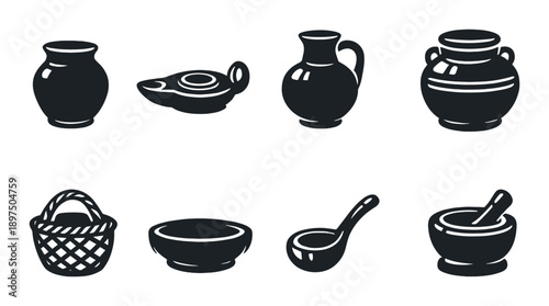 Silhouettes of vintage household items: pottery, utensils, basket collection
