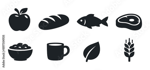 Monochrome food icons featuring apple bread fish meat and more
