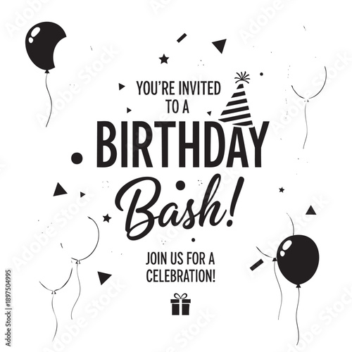 Colorful birthday party invitation with celebration balloons and confetti