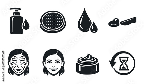 Skincare and anti-aging icons featuring women with different skin treatments