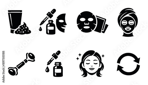 Skincare icons set featuring cosmetics and facial treatments