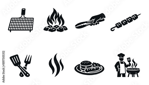 Barbecue icons set: grill, fire, utensils, food, bbq chef