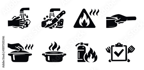 Kitchen safety icons: handwashing, knife use, fire hazard, cooking, checklist