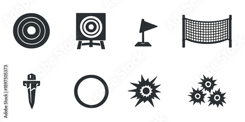 Set of archery icons featuring targets and bows on dark background