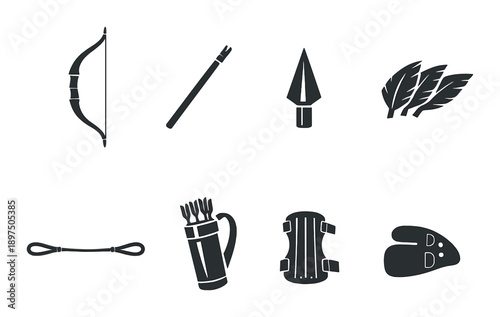Silhouettes of archery equipment and hunting tools illustrated in artful composition