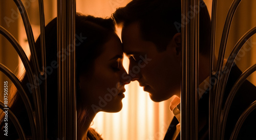 Secret Embrace: Silhouetted Couple's Tender Moment Behind Ornate Bars