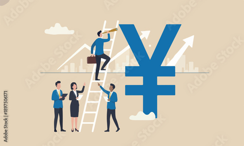 Japan economi books forecast, leadership skill to lead country financial in economics crisis concept, businessman climb up ladder to top on Japanese yen sign using telescope to see future vision