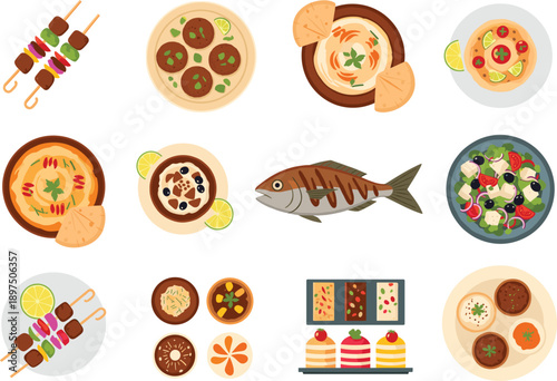 Middle Eastern and Mediterranean cuisine vector set featuring grilled fish kebabs hummus falafel and fresh greek salad bowls.