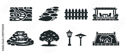 Garden design elements: pathway, furniture, lighting, fencing, water feature, tree