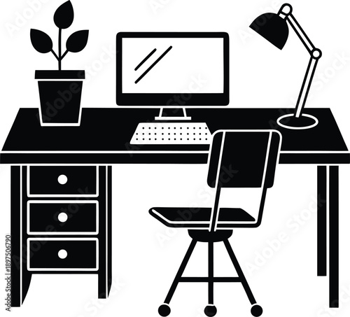 Modern office workspace with desk chair computer and office furniture