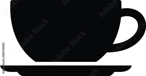Black silhouette of coffee cup sitting on saucer plate isolated vector icon on transparent background for cafe signage