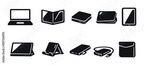 Modern mobile device icons: laptop, tablet, smartphone, foldable technology on black background
