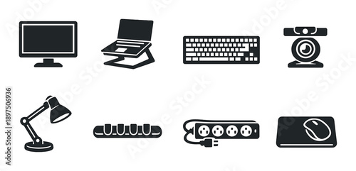 Digital workspace icons: monitor, laptop, keyboard, webcam, lamp, power strip, mouse pad