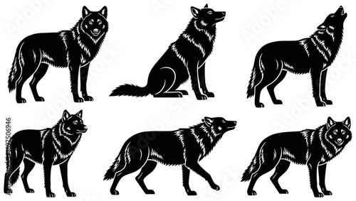 Wolf Icon Set: Sitting, Standing, Howling, Walking, Alert Poses, Black and White, Minimalist Style, Wildlife Behavior and Animal Silhouette Illustration