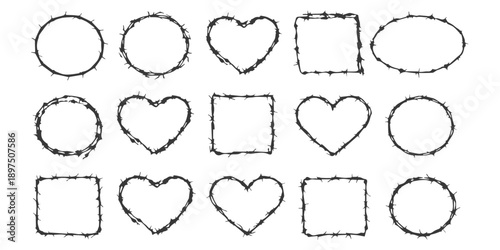 Set of barbed wire frames in heart, circle, and square shapes vector illustration