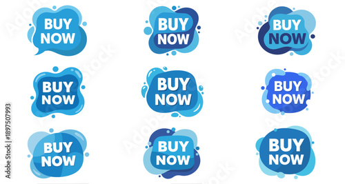 Collection of blue buy now labels for business marketing promotion and discount shopping vector graphics