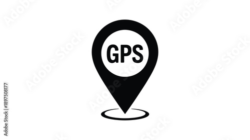 Black gps location pin icon with white lettering against a white background