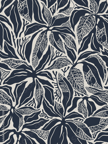 Hand drawn seamless pattern with sketch of dracaena plant with beautiful leaves and fleshy stem. Vector illustration, retro style. Can be used for embroidering flowers, wallpaper, packaging etc.