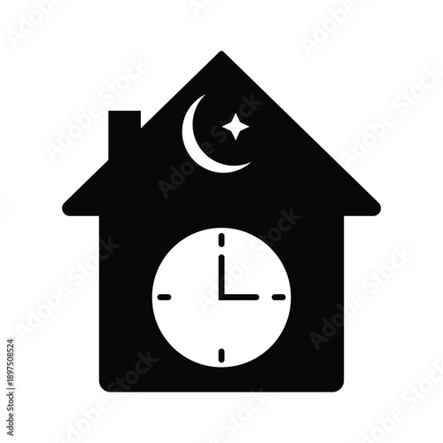 Night time at home icon: a black silhouette representing a sleep schedule or evening routine. house icon on white background