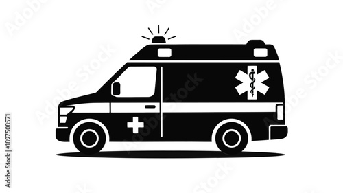 A black and white silhouette of an ambulance with a star of life symbol