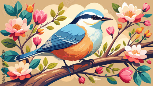 Very beautiful nuthatch perched on a branch surrounded by fresh spring blossoms, soft petals and tender leaves creating a gentle garden scene full of life and harmony.