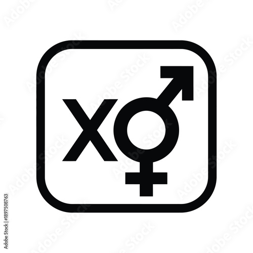 Black and white symbol combining male and female gender signs with an x mark on a square background