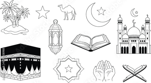 Islamic Religious Icon Set in Black Line Art Style Featuring the Kaaba Holy Quran Mosque Architecture Ramadan Lantern Camel and Praying Hands