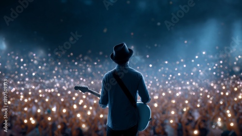 Male musician performing at night concert with guitar and hat