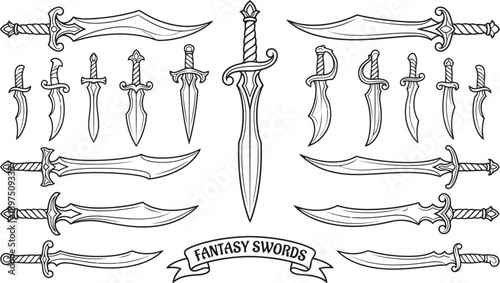 Collection of detailed fantasy sword illustrations in a graphic resource showing various designs for epic adventure and game conceptualization