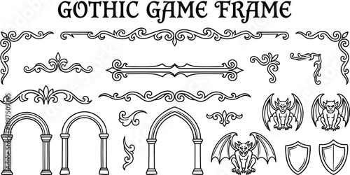 Collection of detailed gothic design elements including ornate frames architectural arches gargoyles and shields for graphic resources and fantasy game development