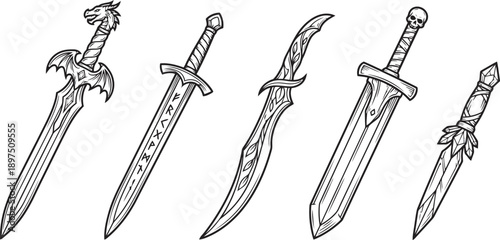 Collection of five fantasy swords and daggers with unique ornate designs and mythical elements isolated on transparent background