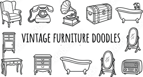 Collection of handdrawn vintage furniture items and decorative objects illustrated in a doodle art style isolated on a transparent background