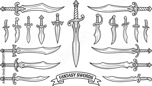 Collection of intricately designed fantasy swords and sabers isolated on a clean white background representing various weapon styles